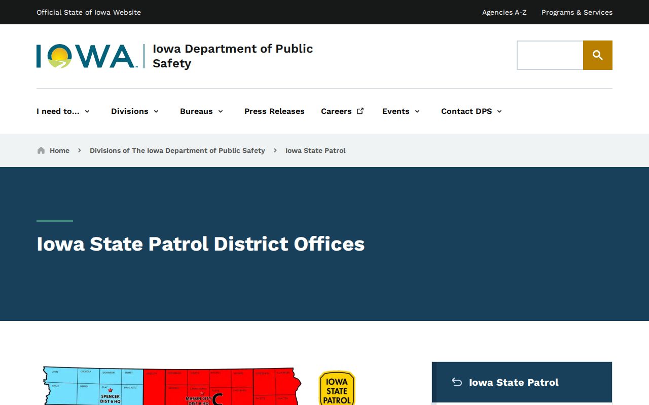 Iowa State Patrol district office listings in the statewide phone directory
