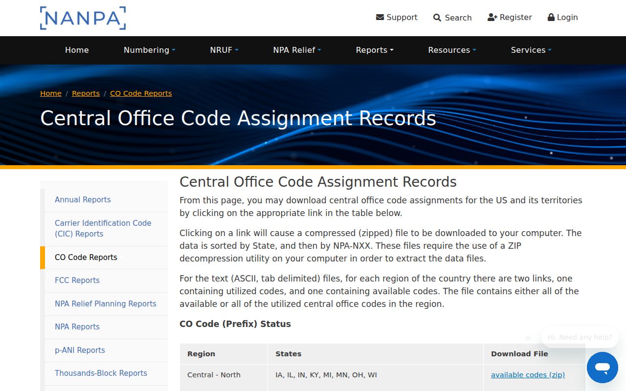 NANPA central office code assignment records used to look up Iowa exchange phone codes